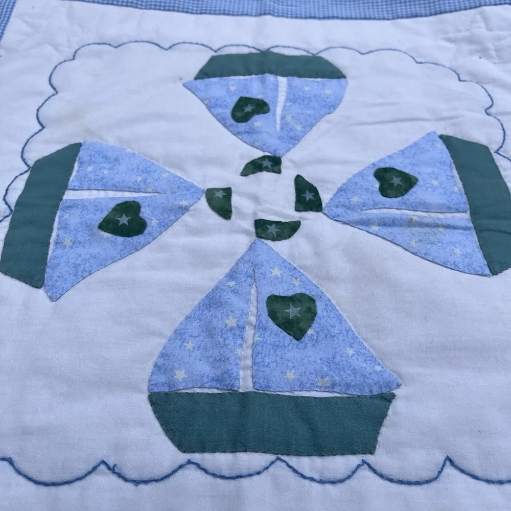 Handmade Sailboat Boys Crib Quilt, Green, White, Blue, One Of A Kind 40